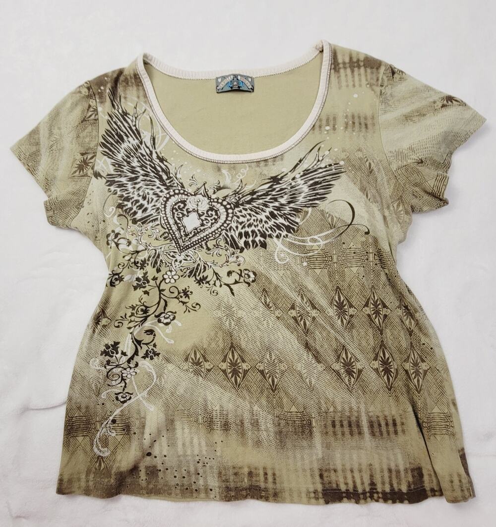 Vanilla Sugar Y2K green angel wing rhinestone top size large Retro Grunge Glam